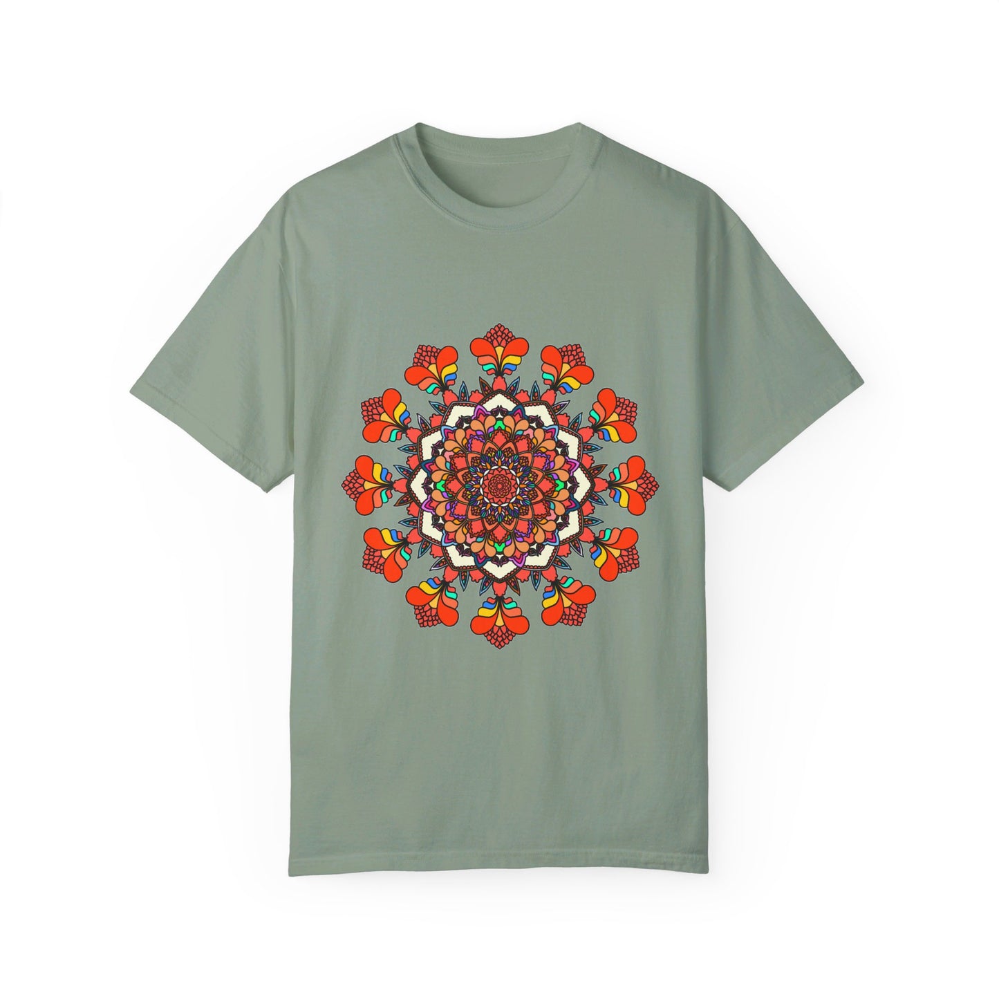 Colorful unisex mandala t-shirt made of 100% ring-spun cotton, hand-drawn mandala art, garment-dyed for extra comfort