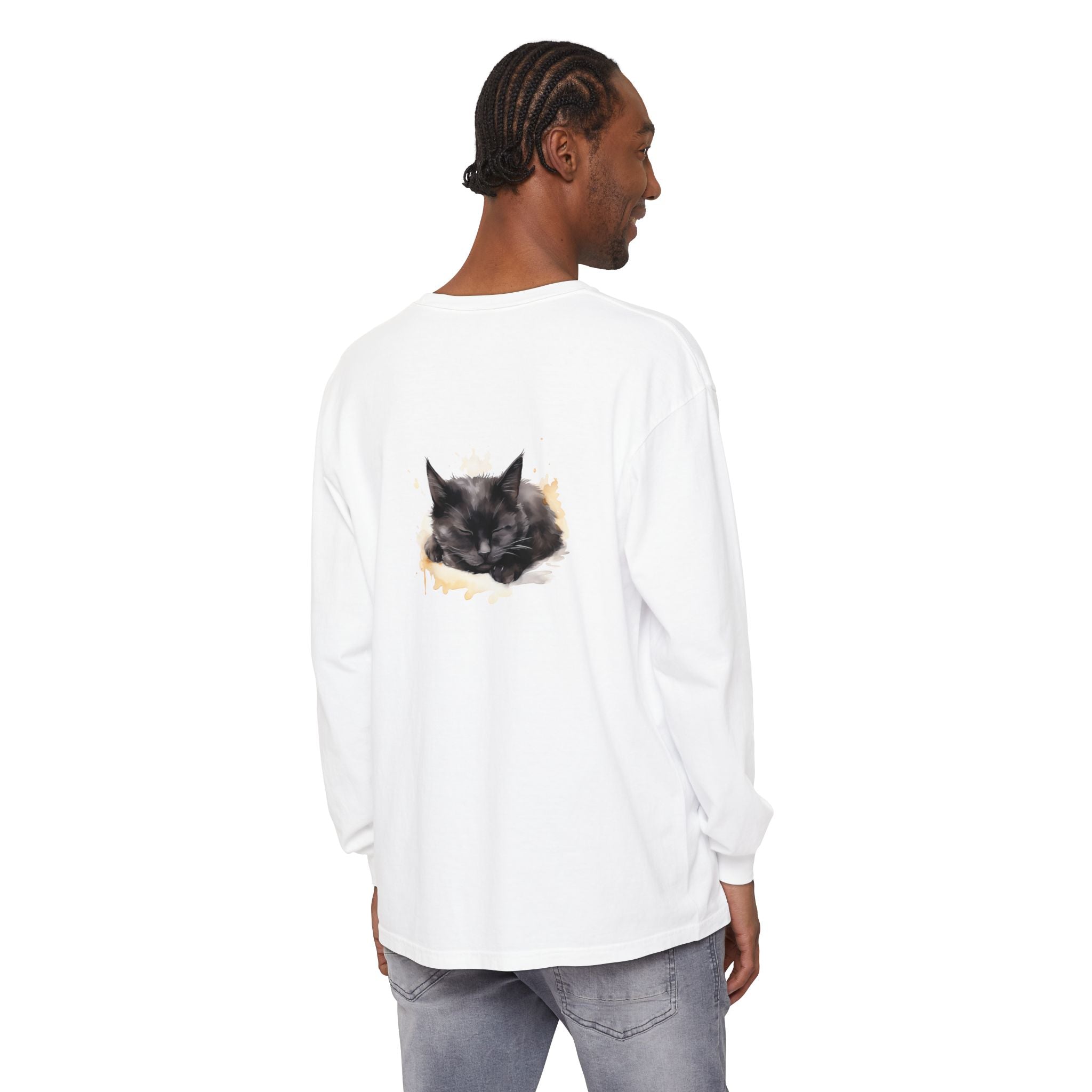 Sleepy Cat Watercolor Long Sleeve T-Shirt