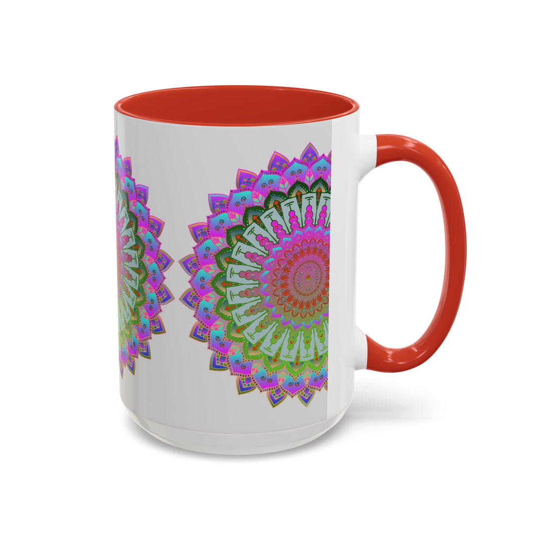 Handcrafted mandala art mug featuring colorful and intricate design