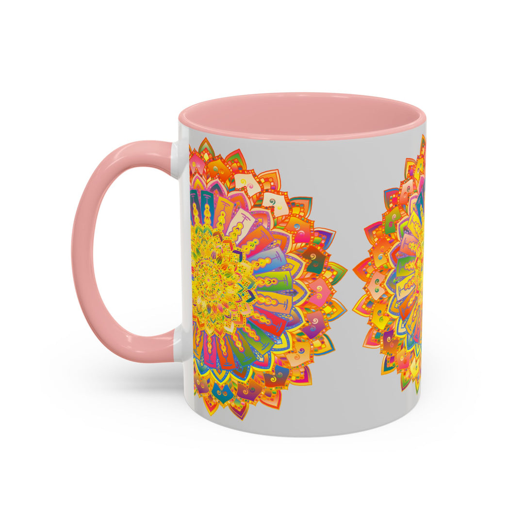 Beautiful grey mug with a vibrant and colorful mandala design