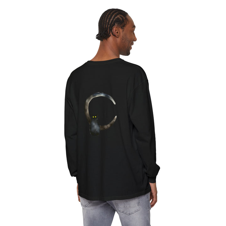 Black Cat Crescent Moon T-Shirt, a comfortable and stylish t-shirt featuring a striking black cat silhouette against a crescent moon backdrop