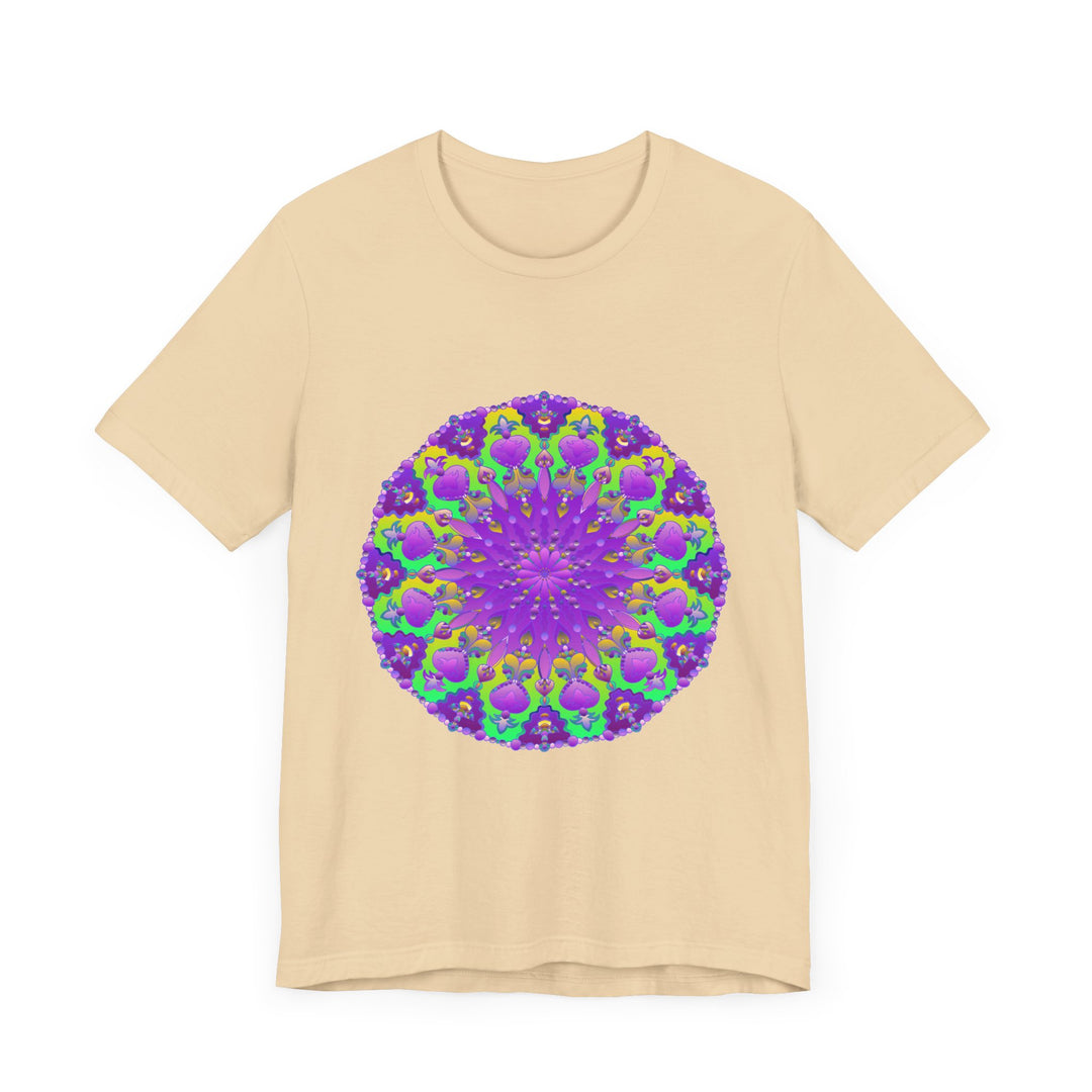 Vibrant purple and green mandala tee featuring intricate and detailed design