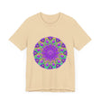 Vibrant purple and green mandala tee featuring intricate and detailed design