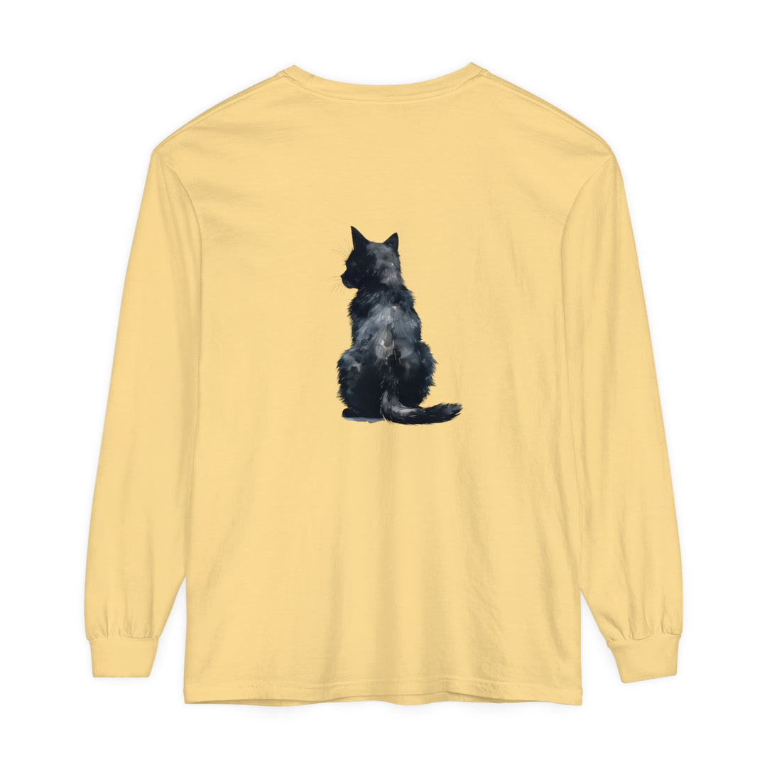 A long sleeve black t-shirt featuring a watercolor-style illustration of a black cat