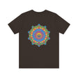 A beautiful, vibrant mandala tee with intricate designs promoting spiritual peace and harmony