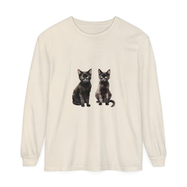 Long sleeve black cat watercolor art t-shirt with vibrant, detailed design