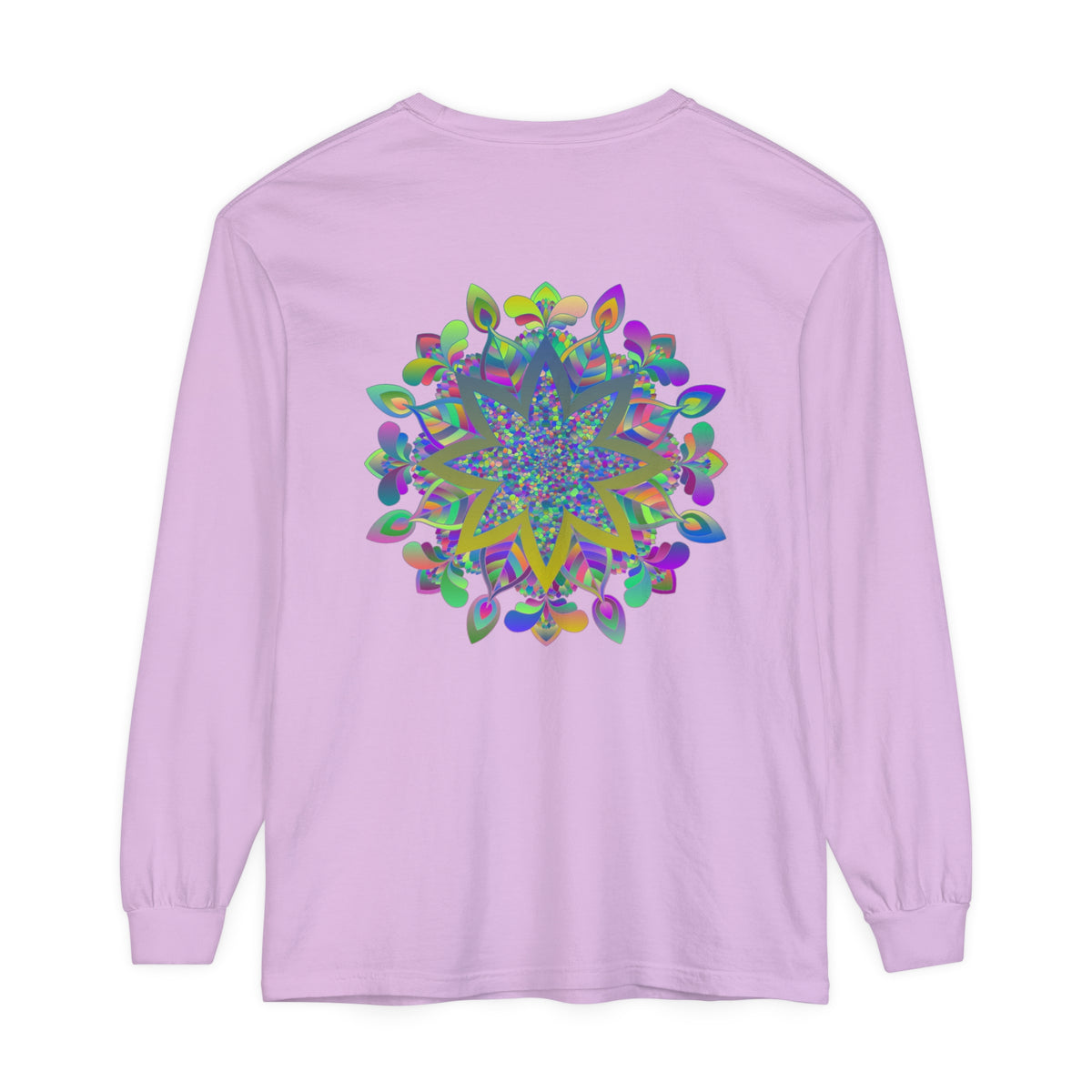 Colorful mandala unisex long sleeve t-shirt with intricate design and vibrant colors