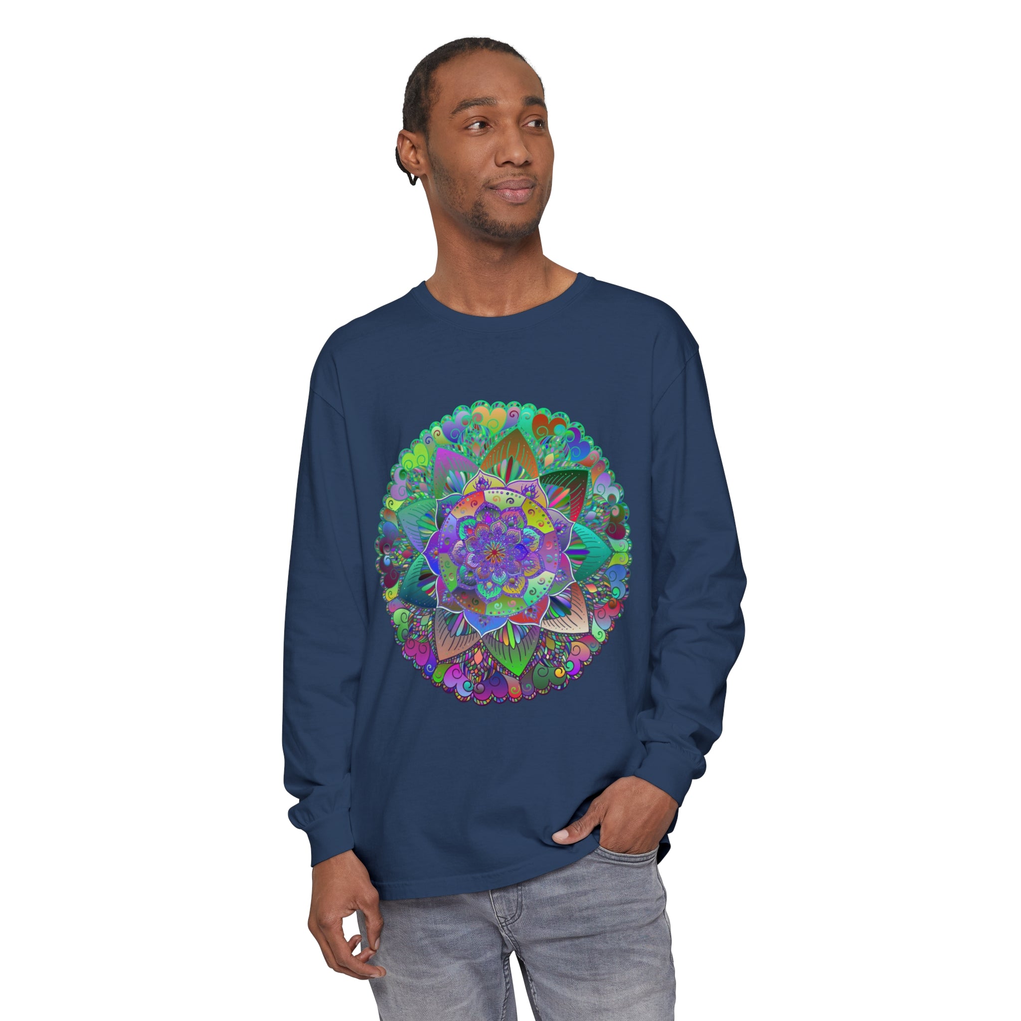 Eye-catching unisex long sleeve t-shirt with intricate and vibrant mandala design