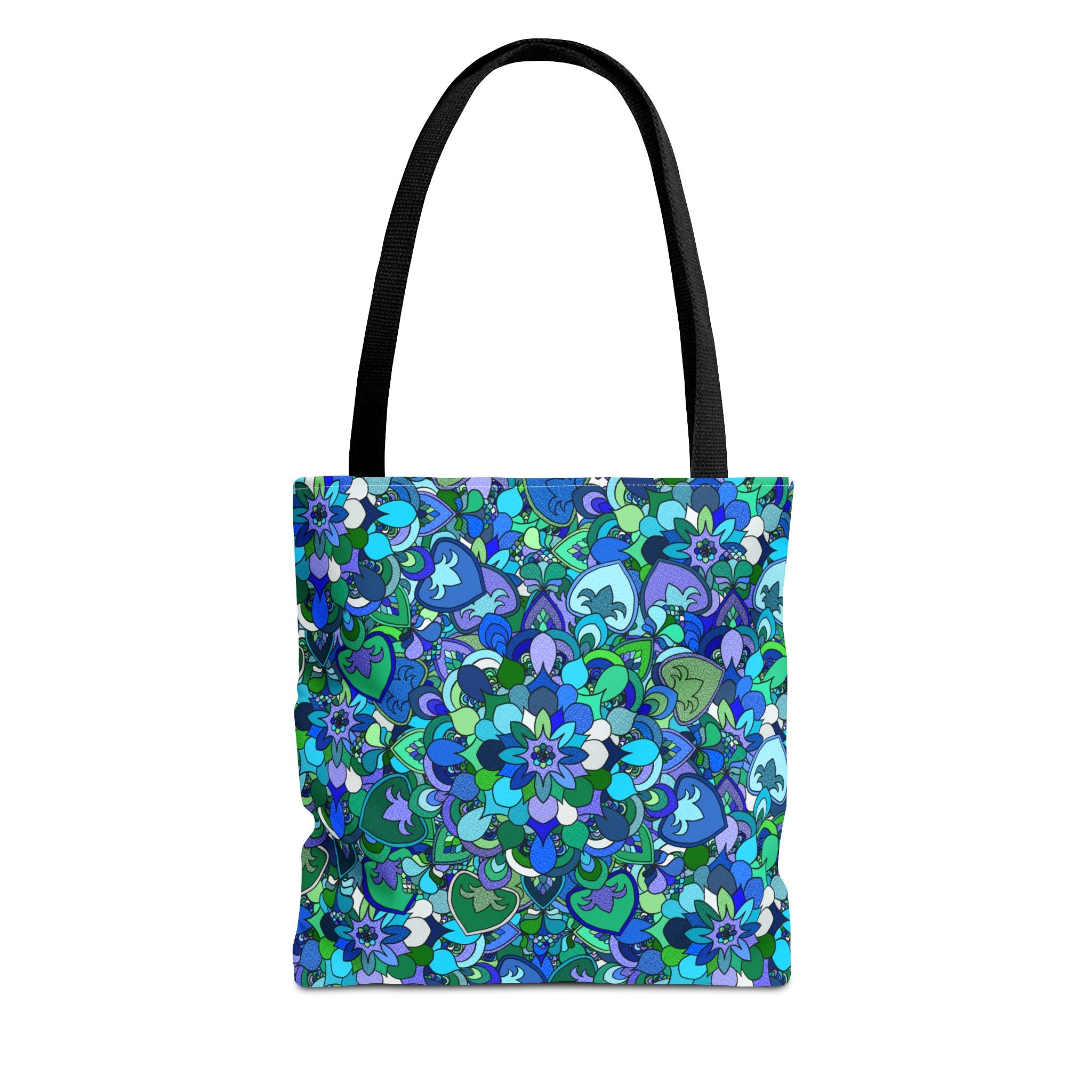 Borsa tote con stampa mandala floreale blu-verde — Shopper con stampa integrale vivace