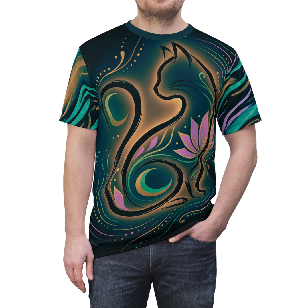 Sacred Cat Calligraphic Tee - Minimalist Spiritual Shirt