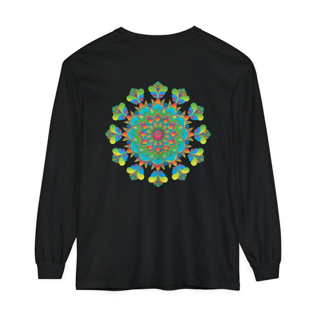 Colorful and vibrant long sleeve tie dye t-shirt with psychedelic mandala design