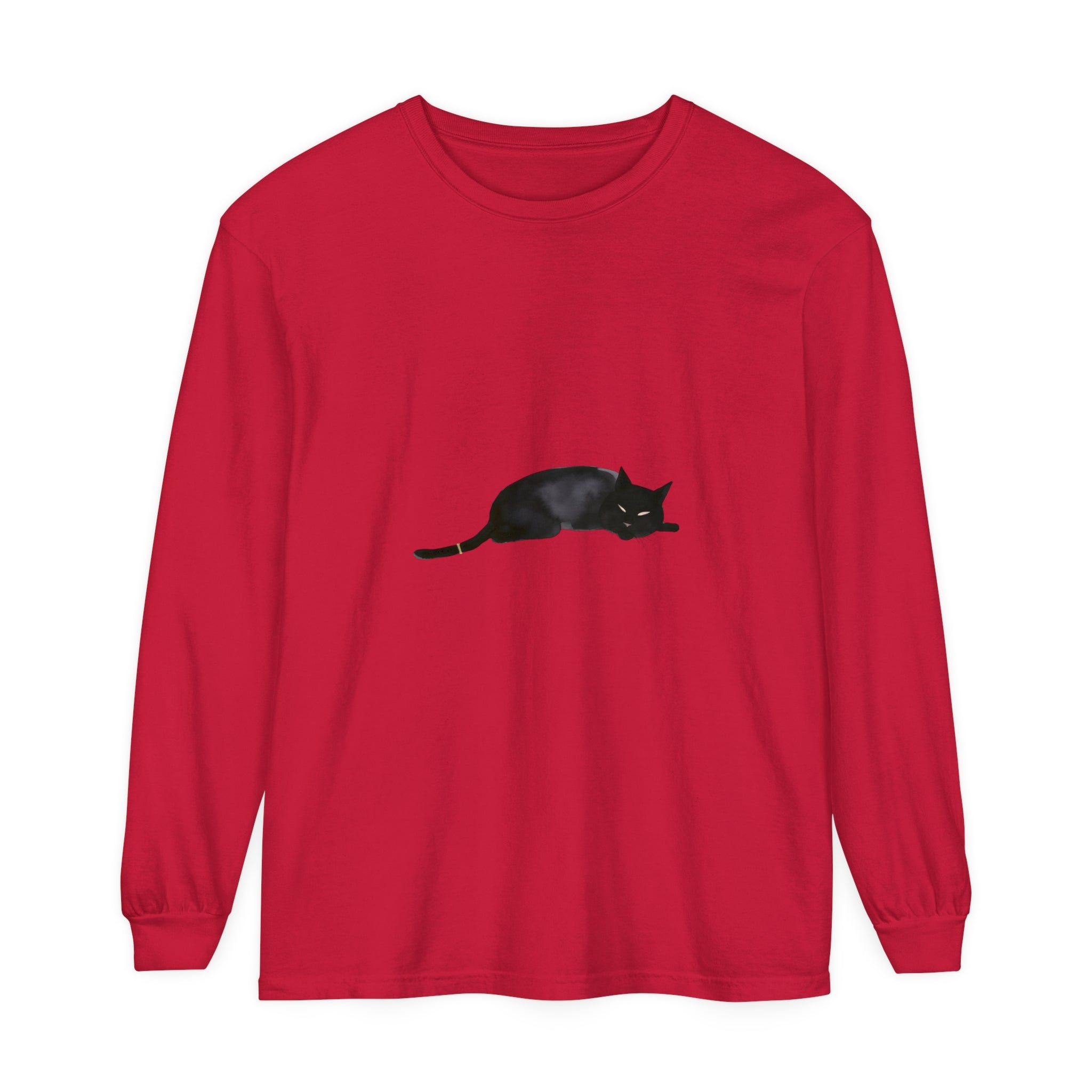 Black cat with green eyes sleeping on a unisex long sleeve t-shirt