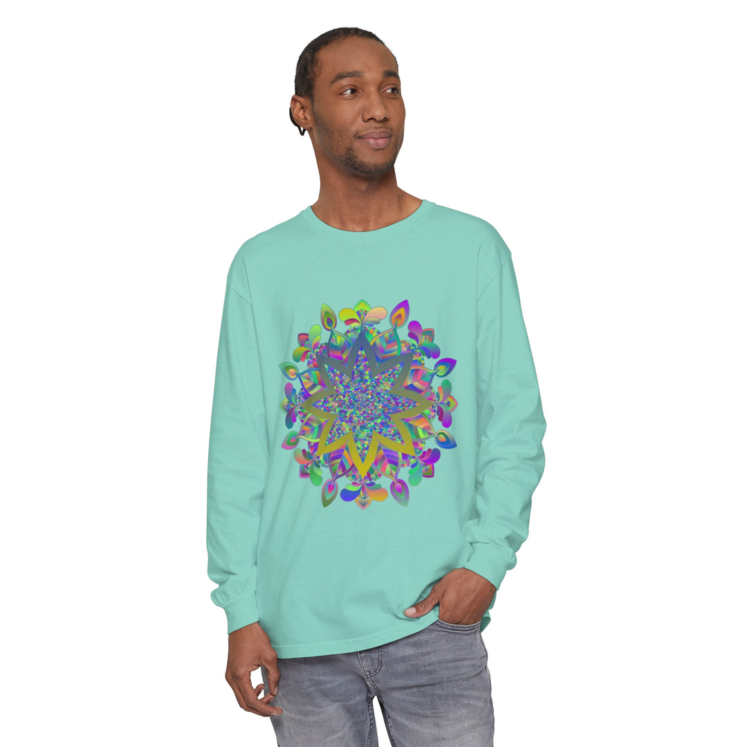 A vibrant and intricate mandala design long sleeve t-shirt for anyone