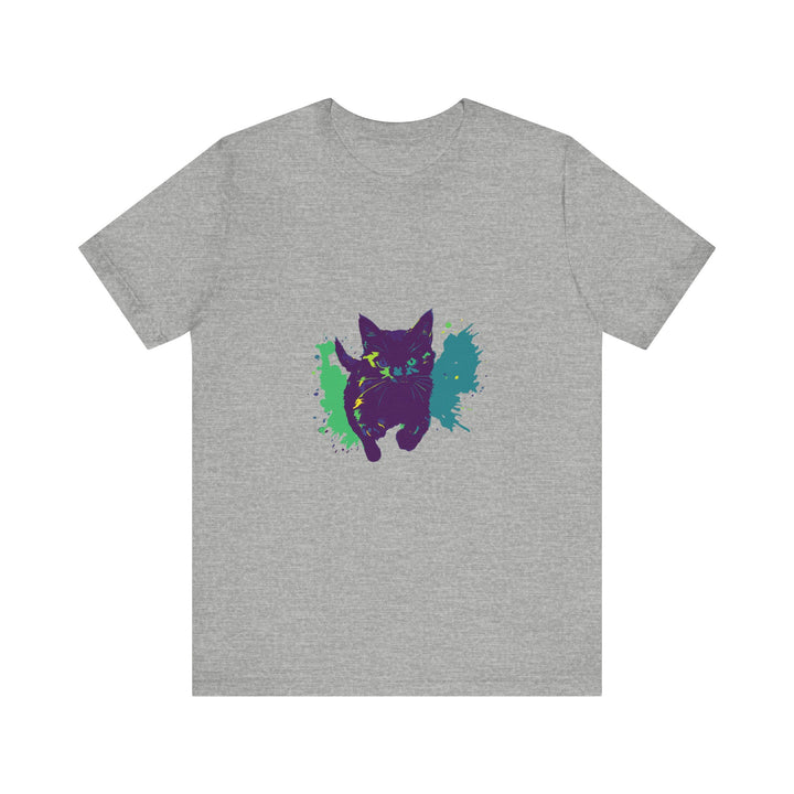 A close-up image of a Black Cat Mystery - Colorful Splash T-Shirt with vibrant hues and a unique design, perfect for adding a pop of color to any casual outfit