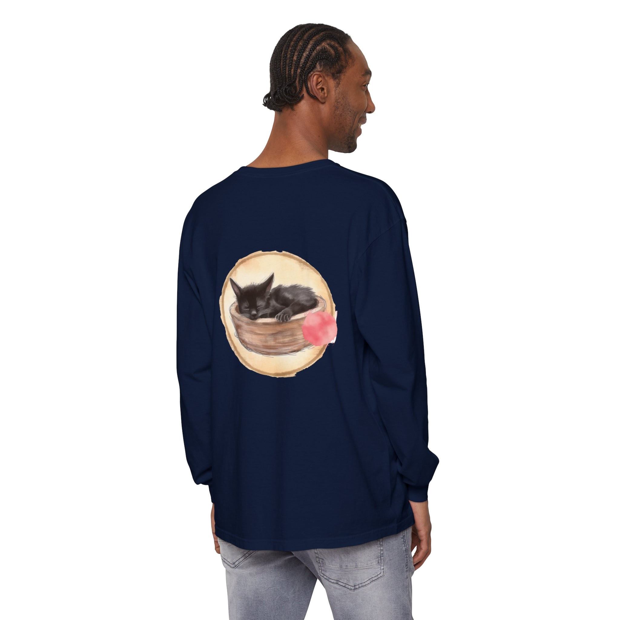 Watercolor illustration of a cute sleeping cat in a bowl on a long sleeve t-shirt