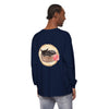 Watercolor illustration of a cute sleeping cat in a bowl on a long sleeve t-shirt