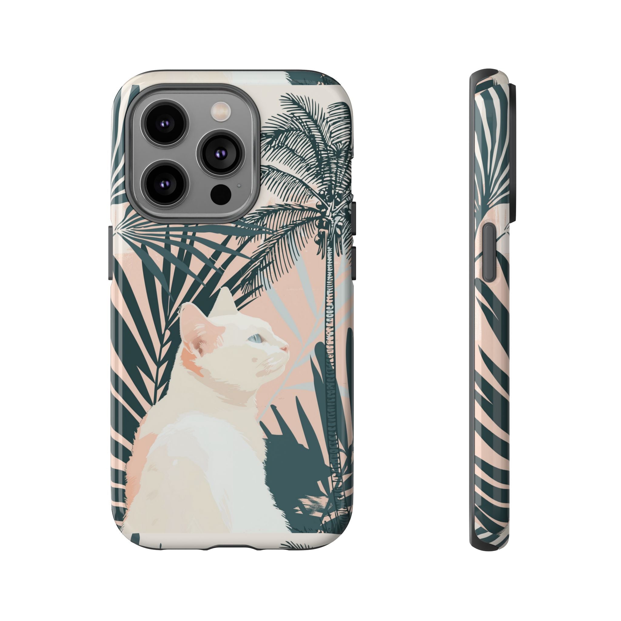 Custodia per telefono con gatto tropicale, motivi di palme lussureggianti e tenui colori pastello