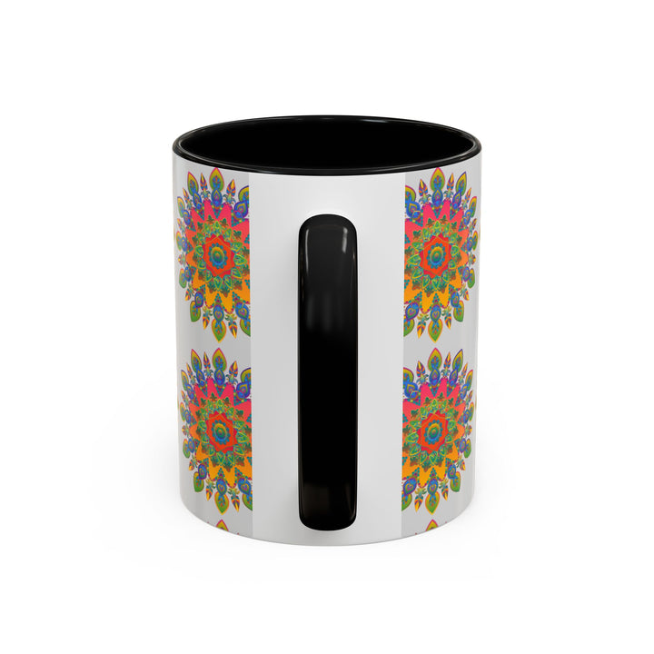 Colorful mandala mug featuring vibrant and intricate art on a grey background