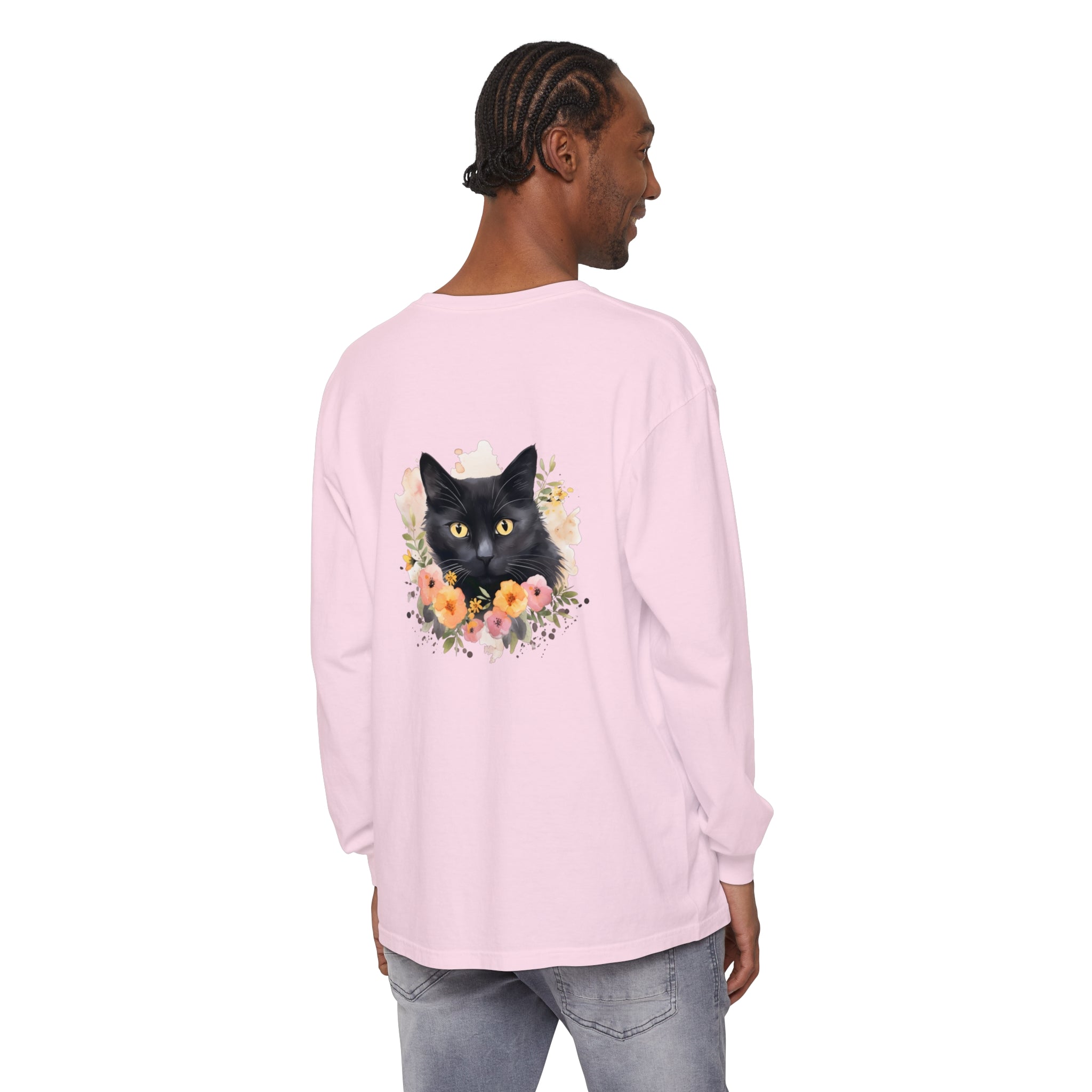 A close-up image of a black cat floral portrait unisex t-shirt with vibrant colors and intricate details