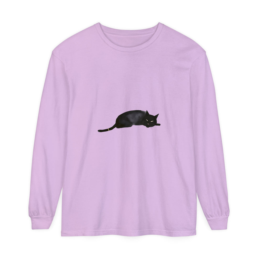 A cozy black cat peacefully sleeping on a Unisex Long Sleeve T-Shirt