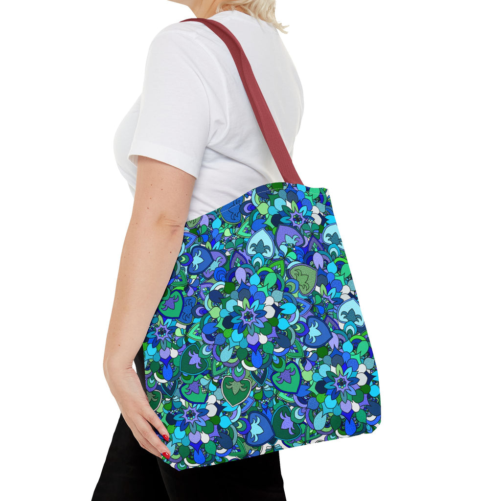 Borsa tote con stampa mandala floreale blu-verde — Shopper con stampa integrale vivace