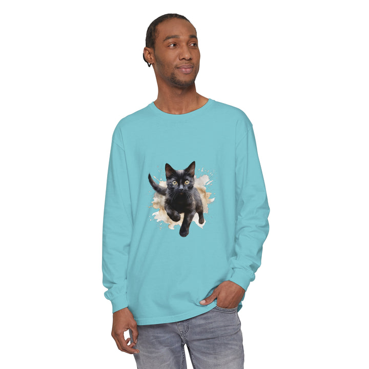 A black cat watercolor splash t-shirt with vibrant colors and unique design