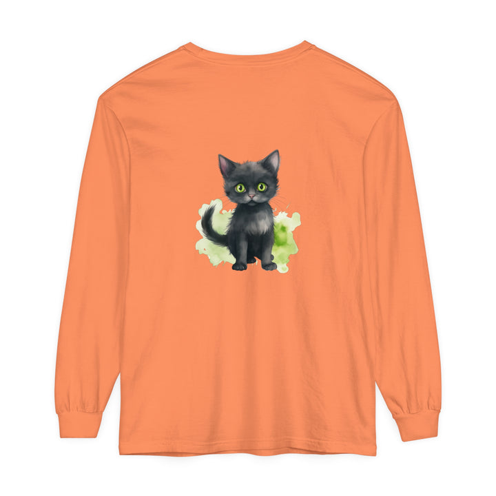 Black Cat Watercolor Long Sleeve T-Shirt with vibrant watercolor design