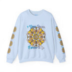 First Year Wedding Anniversary Gift - 1 Year Down, Forever to Go Unisex Heavy Blend™ Crewneck Sweatshirt in Heather Cardinal color with white text, front view, worn by a smiling couple sitting on a bench in a park