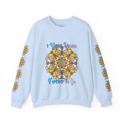 First Year Wedding Anniversary Gift - 1 Year Down, Forever to Go Unisex Heavy Blend™ Crewneck Sweatshirt in Heather Cardinal color with white text, front view, worn by a smiling couple sitting on a bench in a park