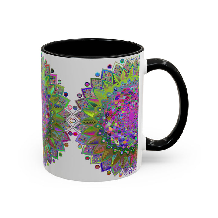 Colorful and intricate mandala design on a grey ceramic mug