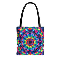 Colorful psychedelic mandala design tote bag perfect for bohemian fashion lovers