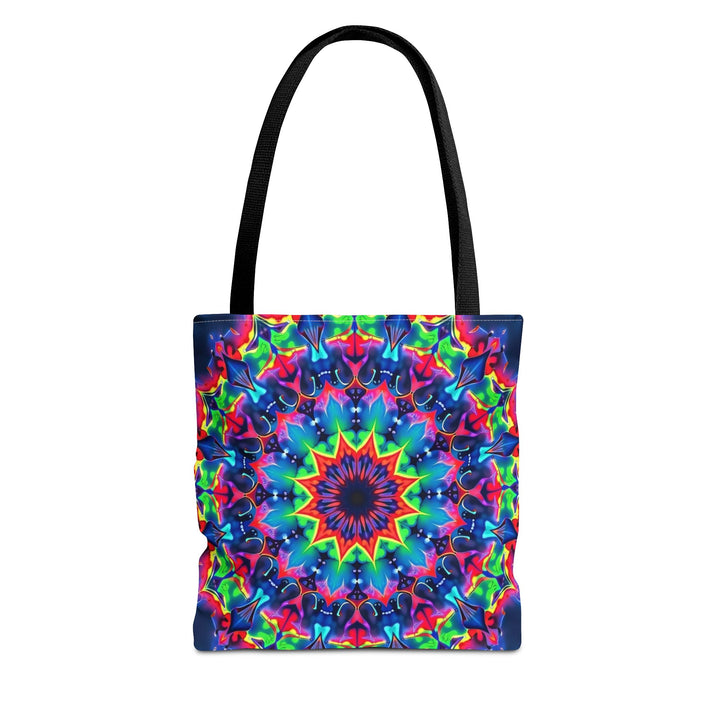 Colorful psychedelic mandala design tote bag perfect for bohemian fashion lovers