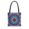 Colorful psychedelic mandala design tote bag perfect for bohemian fashion lovers