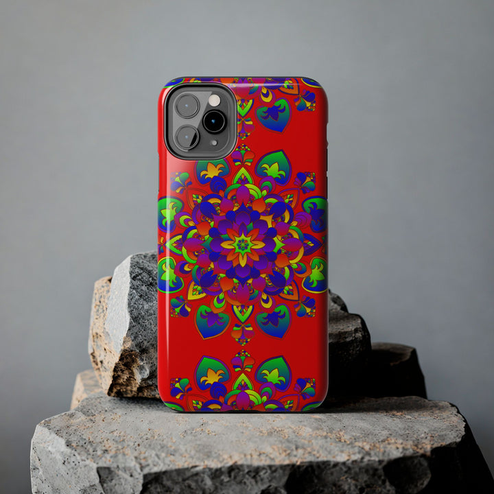 Hand drawn red mandala art phone case with intricate design