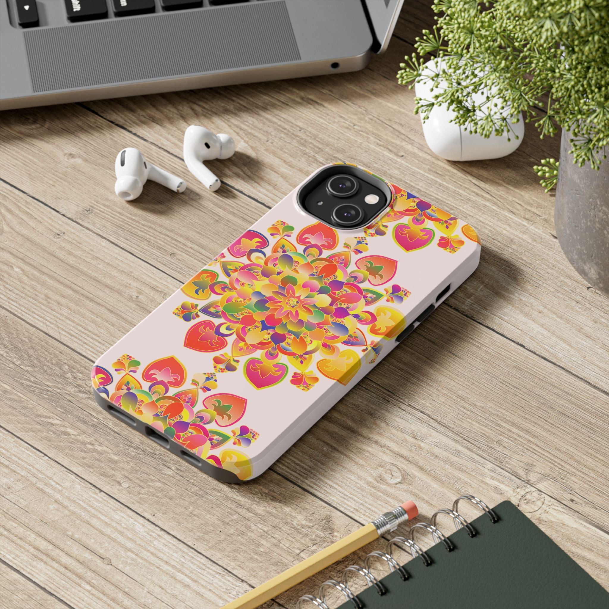 Beautiful hand-drawn mandala art phone case with intricate patterns and vibrant colors