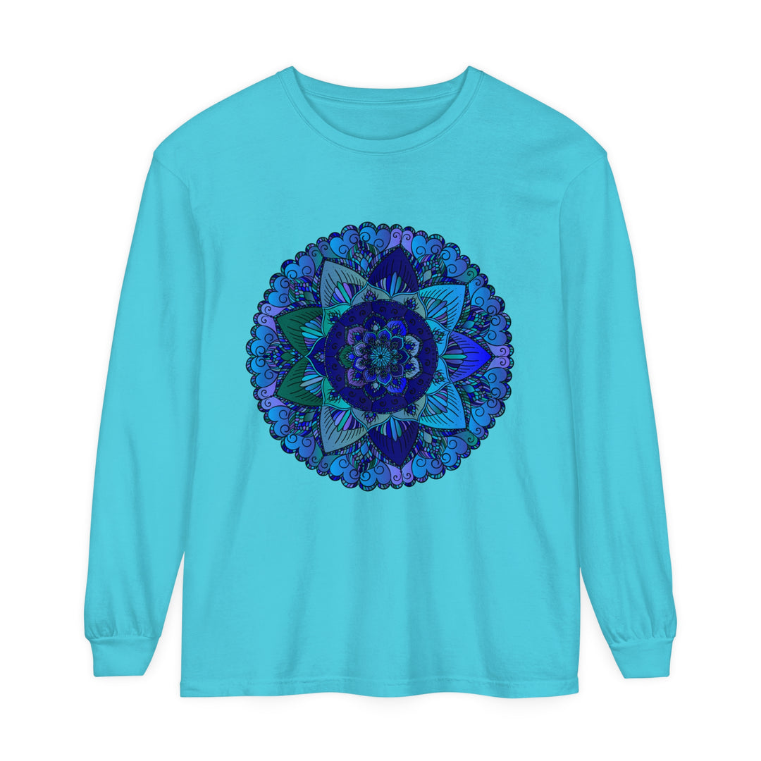 Dark blue and green mandala long sleeve t-shirt with intricate design