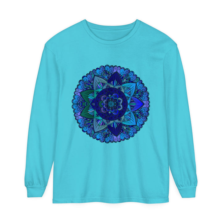 Dark blue and green mandala long sleeve t-shirt with intricate design