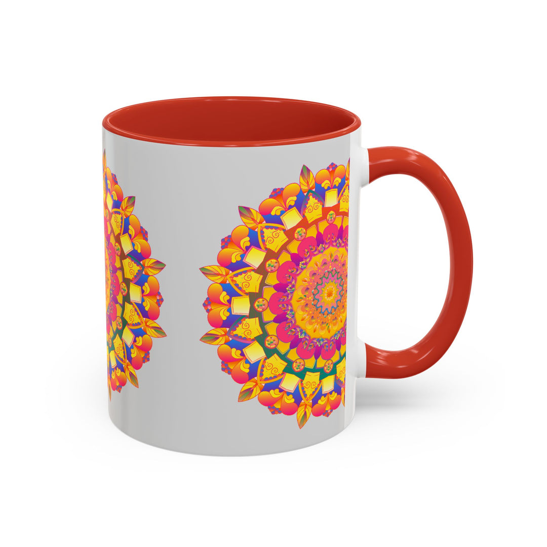 A beautifully designed mandala art mug featuring vibrant colors on a grey background, adding a touch of elegance to your morning routine