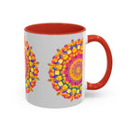 A beautifully designed mandala art mug featuring vibrant colors on a grey background, adding a touch of elegance to your morning routine