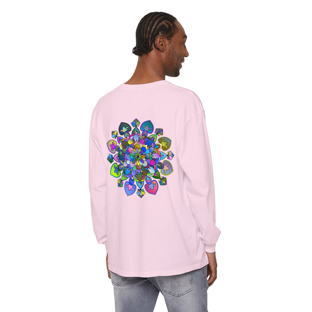 Colorful and intricately designed Vibrant Mandala Long Sleeve T-Shirt, perfect for boho-chic fashion