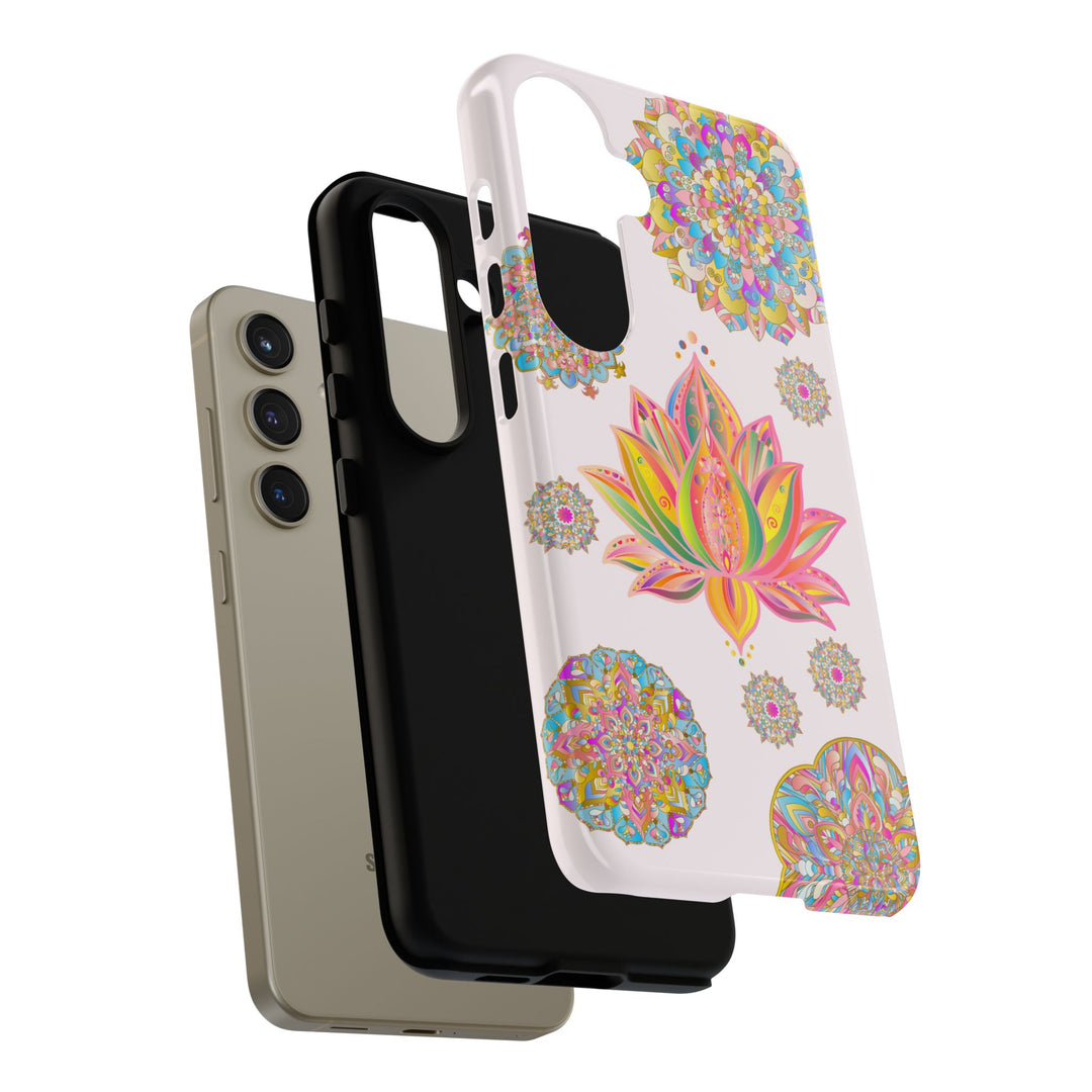 Beautiful light pink phone case featuring a delicate lotus flower mandala design