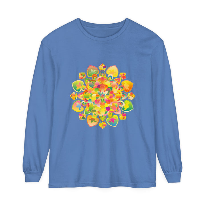 Colorful psychedelic mandala design featured on a long sleeve T-shirt