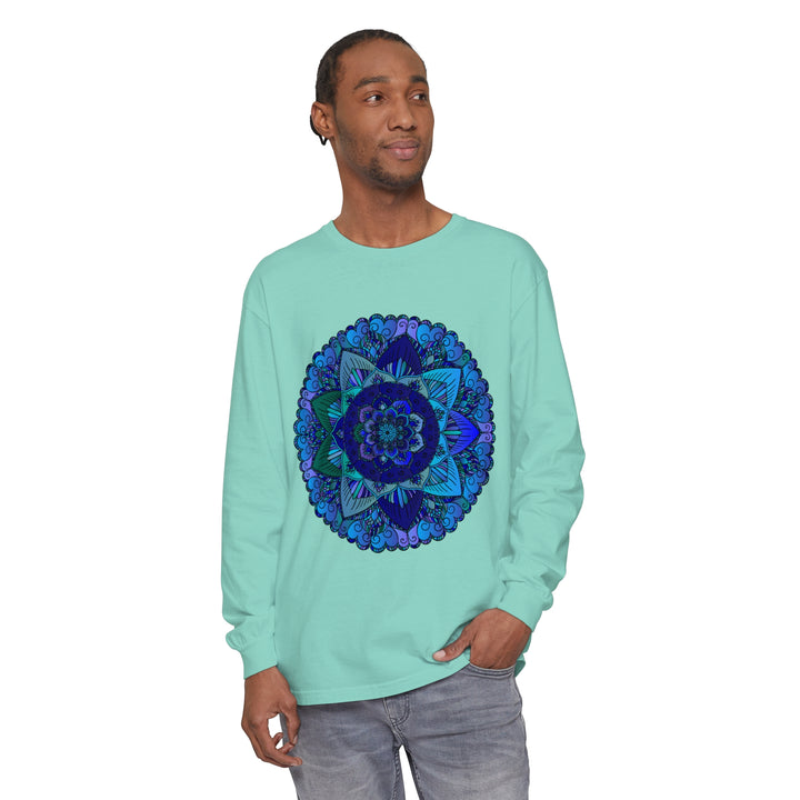 Dark Blue & Green Mandala Long Sleeve T-Shirt with intricate design