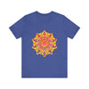 A close-up image of a vibrantly colored mandala tee featuring spiritual art