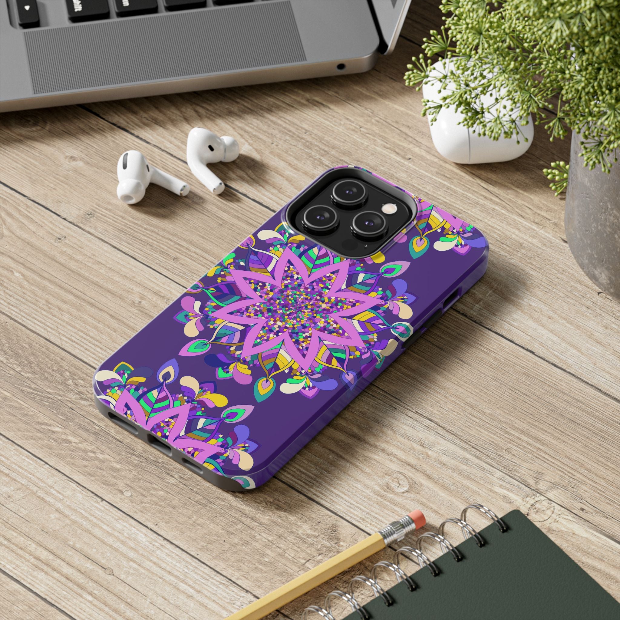 Beautiful hand-drawn purple mandala art phone case designed for iPhone X/XS