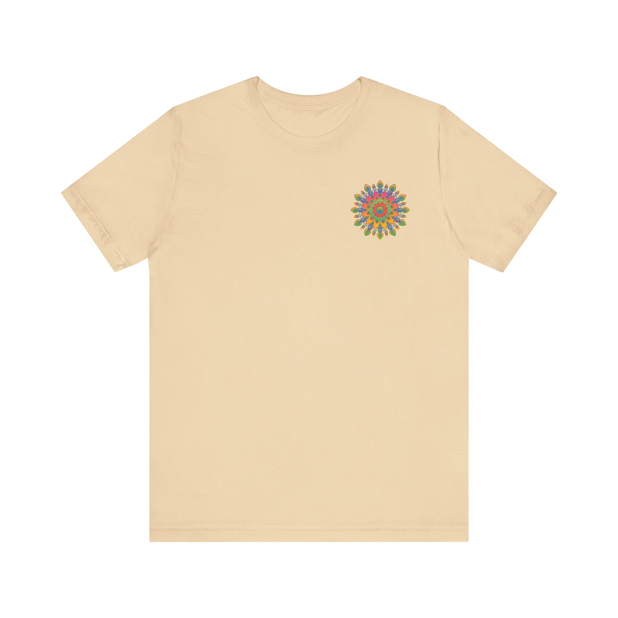 A vibrant and colorful mandala t-shirt featuring intricate spiritual patterns