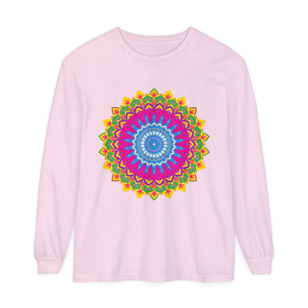 A colorful and intricate mandala design printed on a unisex long sleeve t-shirt