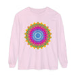 A colorful and intricate mandala design printed on a unisex long sleeve t-shirt