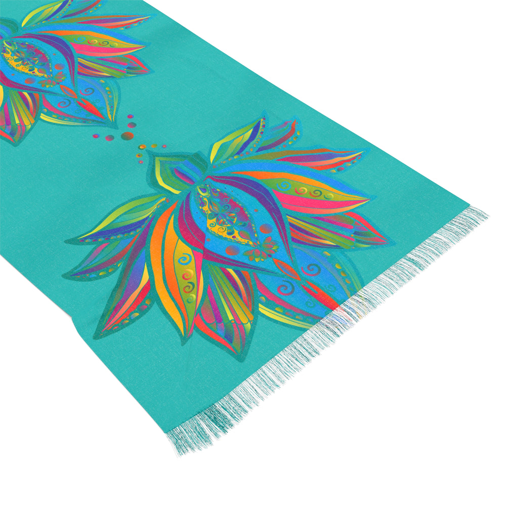 Himmel Lotus Azurblau Leichter Schal — Floral Seidenähnlicher Halsschmuck