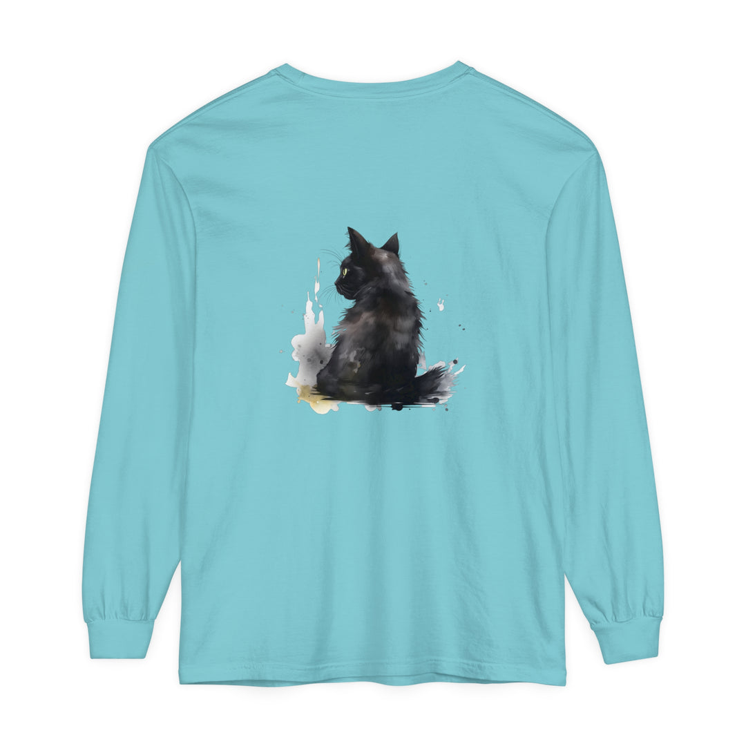 Black Cat Watercolor Dream long sleeve t-shirt featuring a vibrant and artistic watercolor design of a black cat against a dreamy backdrop